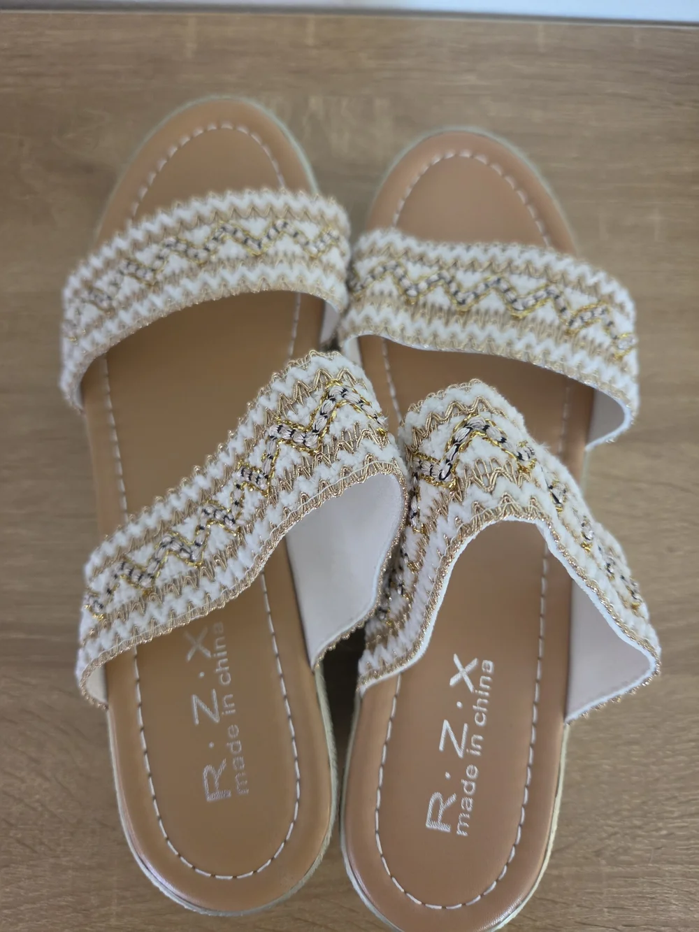 Neutral Embellished Espadrille Wedge Slides